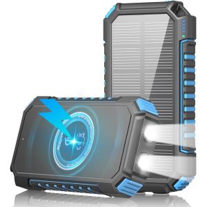 Chargeur Solaire 26800mah, Batterie Externe sans Fil 3 Sorties USB C Charge Rapide Qi Chargeur Portable Solaire avec Lampe de Poche LED pour Smartphones, Tablette et Camping (Noir) - Neuf