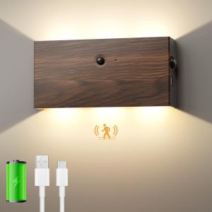 Applique Murale Int&eacute;rieur, Lampe Murale Sans Fil Avec D&eacute;tecteur De Mouvement, Applique Murale Sans Fil Rechargeable Usb, Veilleuse Magn&eacute;tique Chambre Couloir, 3000k, 5200mah, Couleur Noyer - Neuf
