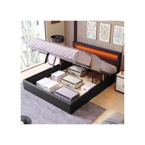 Lit rembourr&eacute; avec &eacute;clairage LED, 140 &times; 190 cm, noir, avec t&ecirc;te de lit et rev&ecirc;tement en simili cuir. - Neuf