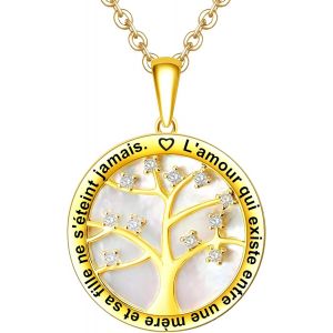 Meimieshop-Collier Femme Personnalisé Gravé En Argent 925/1000 Pendentif Cercle Et Arbre De Vie Avec Nacre Blanche Cadeau Amoureux Pour Elle Mère Maman Mamie Fille - Neuf