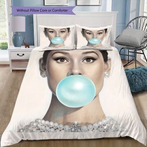Parure De Lit Imprimee Audrey Hepburn Et Gum, Housse De Couette Et Taie D'oreiller, Decoration D'intérieur, Decoration De Noël, Chambre À Coucher. 1 Housse De Couette + 2 Taies D'o - Neuf