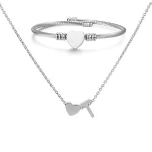 Kal-Collier Pendentif Lettre Initiale Personnalisée Femme Collier Initiale Coeur Bracelet Coeur Ouvert Ajustable Bracelet De Manchette En Acier Inoxydable A-Z Pendentif Collier Femmes Filles - Neuf