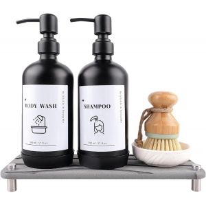 BHHBB-Lot de 2 distributeurs de savon en verre - 500 ml - Noir mat - Avec pompe en acier inoxydable, diatomées, plateau, brosse en bambou et autocollants - Distributeur rechargeable pour liquide - Neuf