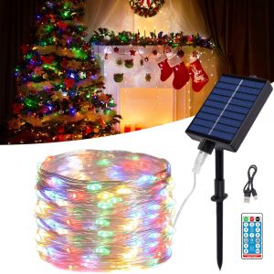 Kal-Guirlande Lumineuse Solaire D'extérieur - 30 M - 300 Led - Fil De Cuivre - Étanche Ip65 - Avec 8 Modes Et Télécommande - Pour Balcon, Cour - Multicolore - Neuf