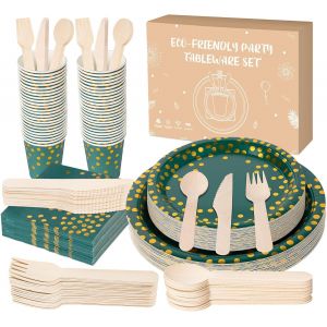 Checarzhn--No1-Lot De 200 Assiettes En Carton Vertes À Pois Dorés - Réutilisables - Avec Fourchettes, Couteaux, Cuillères, Serviettes, Assiettes, Gobelets, 25 Assiettes De Fête Pour Invités, Annivers - Neuf