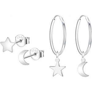 Kal-2 Paires Boucles D'oreilles Creoles Pour Femme Homme Fille Boucles D'oreilles Etoiles Pendantes Boucles D'oreilles Anneaux Argent 925 Boucles D'oreilles Lune Et Etoile Petite Clous D'oreilles - Neuf