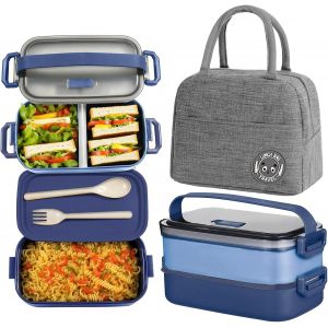 Bento Lunch Box Avec Sac Lunch, 1100ml 2 Etages Boite Repas Avec Compartiments Inox, Hermétique Boîtes Bento Pour Pique Nique, Travail, Goûter, Ecole(Bleu) - Neuf