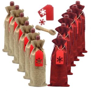 12 Pack de la toile de Jute Bouteille de Vin Cordon de serrage Cadeau Sachets avec des &Eacute;tiquettes et des Cordes pour les f&ecirc;tes de No&euml;l, de Mariage, de Voyage, d'Anniversaire, de F&ecirc;te de Vacances - Neuf