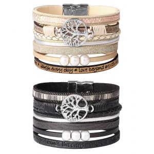 Paquet De 2 Boho En Cuir Manchette Bracelet Ensemble Dames Filles Multicouche Arbre De Vie Wrap Bracelet Bracelet - Neuf