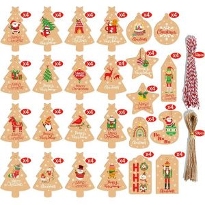 100 Morceaux de Papier Kraft de No&euml;l Balises avec de la Ficelle, Papier Kraft Brun No&euml;l Balises, Cachet et &Eacute;tiquette de Cadeau de No&euml;l Emballage, 10 Dessins pour la D&eacute;coration de No&euml;l&iquest;Style F&iquest; - Neuf