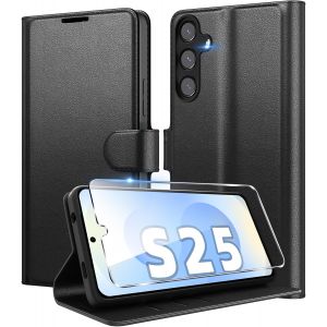 ELVORIX-Coque pour Samsung Galaxy S25 5G en Premium Cuir PU, Portefeuille Housse Etui pour Cartes Protection Anti-Choc Flip Case avec 1 Verre Tremp&eacute; Noir - Neuf