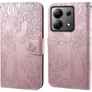 Kal-Coque Pour Redmi Note 13 4g, Arbre De Vie Papillon Motif Housse En Cuir Synthétique Cover À Rabat, Portefeuille Étui De Protection Avec Fentes Pour Cartes, Or Rose - Neuf
