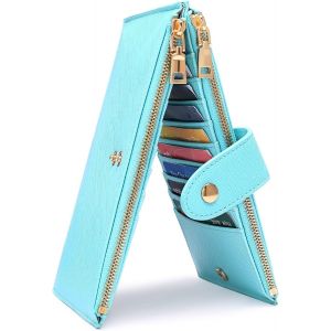 Portefeuille en cuir pour femme, grande capacité, porte-monnaie, blocage RFID, avec 19 emplacements pour cartes, fermeture éclair et porte-chéquier, bleu clair - Neuf