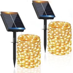 KAL-Guirlande Solaire Exterieur 2 X 16M 160Led Guirlande Lumineuse Exterieure Solaire Étanche Blanc Chaud 8 Modes Lumière Solaire Décoration Pour Jardin Terrasse Maison Fête Noël Mariage - Neuf