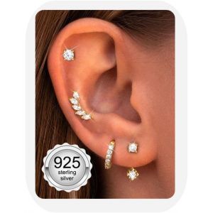 Tianyi-4 Paires Boucles D'oreilles Femme Argent 925 Plaquée Or 14k Créoles Argent Boucles D'oreilles Zircon Piercing Oreille Cartilage Petites Boucles D'oreilles Femme Or Pour Piercings Multiples - Neuf