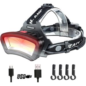 Lampe Frontale Rechargeable Pour Casque - Lampe Frontale Led Super Lumineuse - Lumi&egrave;re Rouge - Usb - Lampe De Travail D'ext&eacute;rieur - Alimentation Par Batterie Cob - Entretien De La Voiture - - Neuf