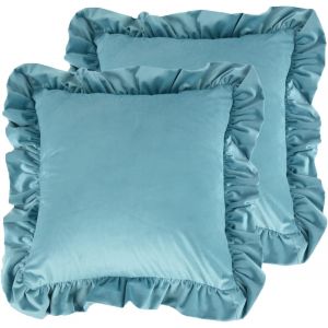 Shabby Chic en Velours housse de Coussin lot de 2 uf de Canard Bleu Decoratif Canape d'Hiver de Couleur unie a Volants Taie d'oreiller 50 x 50 cm Velours Decoration Housses de Coussin Maison, Salle de Sejour Chambre a coucher Lit - Neuf