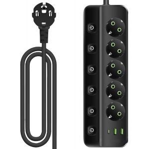KALANKA-Multiprise commutable individuellement : multiprise 8 en 1 avec 2 USB-A et 1 USB C, r&eacute;partiteur multiprise, multiprise, protection contre les surtensions pour la maison, le bureau, noir - Neuf