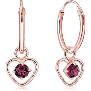 Kal-® Boucles D'oreilles Petites Créoles En Argent Fin 925 Plaqué Or Rose Et Pendentif Coeur Avec 3 Mm Cristaux De Swarovski® Elements Ronds - Diamètre: 12 Mm - Choix De Différentes Couleurs - Neuf