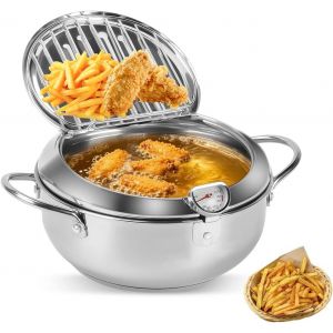 ChenQuanSarl-Friteuse Avec Passoire, Petite Friteuse À Induction, Marmite Japona Tempura Avec Thermomètre, Couvercle Et Égouttoir, Friteuse Avec Huile (2,2 L, Acier Inoxydable) Pour Frites, Crevettes - Neuf
