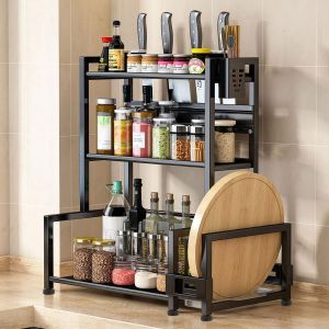 Mevronisshop-Tag&egrave;re &Agrave; &Eacute;pices Debout &Agrave; 3 &Eacute;tages - Grande Capacit&eacute; - En M&eacute;tal - Pour Plan De Travail - Avec Porte-Ustensiles - Support De Planche &Agrave; D&eacute;couper - Avec 6 Crochets - Noir - Neuf