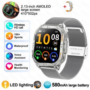 Nouveau Sport De Plein Air Montre Intelligente Hommes 2.13 "&Eacute;cran Amoled Lampe De Poche 580Mah Grande Batterie Fr&eacute;quence Cardiaque &Eacute;tanche Bt Appel Montre Intelligente.Sliver Mesh Belt. - Neuf
