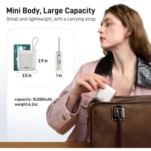 Mini Batterie Externe Avec Cable Int&eacute;gr&eacute;, 22,5 W Small Power Bank 10000Mah, Usb C Chargeur Externe Rapide, Petit Chargeur Portable Affichage Led, Compatible Avec Iphone, Samsung, Android (Blanc) - Neuf