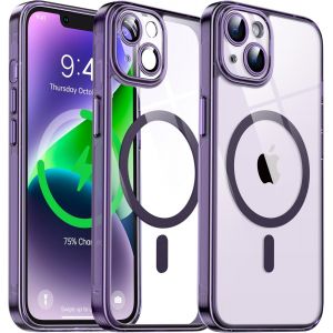 THEF-Coque Magnétique Transparente pour iPhone 14 (6.1'') avec Objectif Film, [Compatible avec MagSafe] [Protection Antijaune & Antirayure & Antichoc] Etui Housse Dur avec Silicone Bord, Violet - Neuf