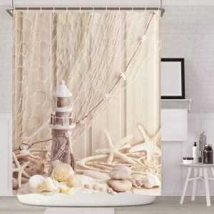 Rideau de douche en tissu avec anneaux - 200 x 200 cm - Motif coquillage - Impression numérique - Polyester - Anti-moisissure - Beige - Neuf