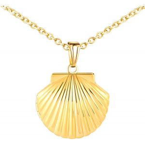 Kal-Collier Personnalisé Médaillon En Forme De Coquillage, Acier Inoxydable Pendentif Coquillage Porte Photo Médaillon Pour 2 Photo Avec Chaîne 50cm Bijoux Pour Femme Filles - Neuf