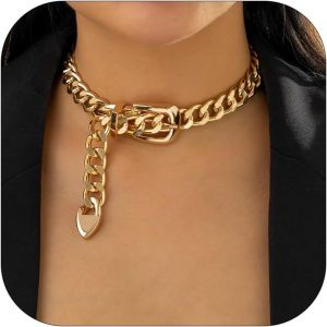 Colliers Pour Femme - Long Collier Dor&eacute; Pour Femme - Collier &Eacute;pais En Y - Collier Ras Du Cou Vintage En M&eacute;tal Lourd - Cadeau De No&euml;l,Adjustable,Zinc,Pas De Gemme - Neuf
