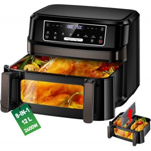 Friteuse &Agrave; Air Chaud 2 Chambres | Friteuse &Agrave; Air 12L &Agrave; Double Chambre Chambre Simple R&eacute;glable, Friteuse &Agrave; Air Chaud 8 En 1 Double Chambre Contr&ocirc;le De Temp&eacute;rature S&eacute;par&eacute; Avec Fen&ecirc;tre De Visualisation - Neuf
