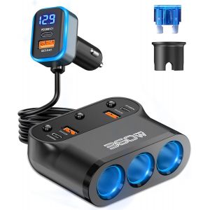 JGD-360 W Avancée - Prise Allume-Cigare Multiple 9 en 1: 3 x PD 36W USB Allume Cigare de Voiture, 12V/24V Adaptateur Allume-cigares avec Interrupteur Voltmètre à LED Charge Rapide Phone/GPS/Dash Cam - Neuf
