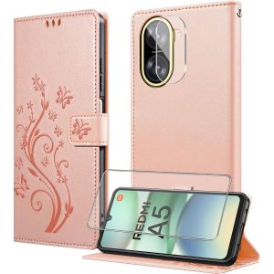 KAL-Coque Pour Xiaomi Redmi A5 4G Avec 1 Verre Trempé,1 Protection Camera,Étuis Rabat [Housse En Cuir Pu][Fentes Pour Cartes][Pochette De Portefeuille][Stand Feature]- Rose Pâle - Neuf