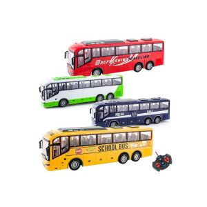Ensemble de 4 bus t&eacute;l&eacute;command&eacute;s avec lumi&egrave;res LED pour enfants - Bus scolaire radiocommand&eacute; 4 canaux - Neuf