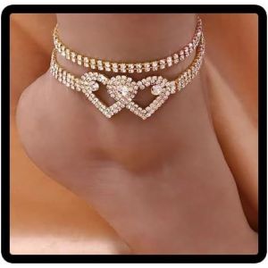 Double Couche Plage Cristal De Cheville Coeur Amour Bling Bracelets De Cheville Été Accessoires De Pied Bijoux Pour Femmes Et Filles - Neuf
