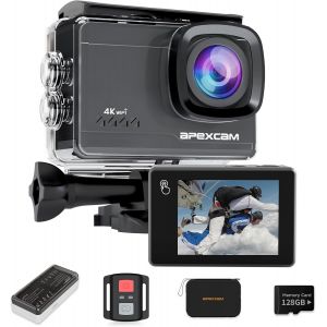 Mevronisshop-Action Cam 4k &Eacute;tanche 60fps Avec Stabilisation Eis Et &Eacute;cran Tactile, Cam&eacute;ra Sport 64mp Wifi, Carte Sd 128gb Incluse, 2 Batteries 1350mah Et &Eacute;tui Portable &iquest; Pour Plong&eacute;e, Cyclisme, Ski, A - Neuf