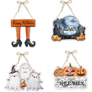 Cauc-4 Pieces Signe De Porte D'halloween, Itrouille Effrayante Plaque De Porte Ornement Suspendu, Ghost Bat Halloween D&eacute;corations Pour D&eacute;coration Murale En Porche Ext&eacute;rieure Int&eacute;rieu - Neuf