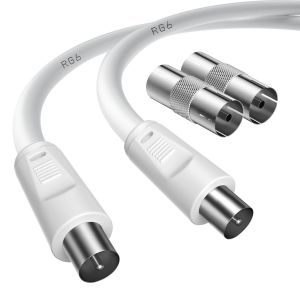 Cable TV Antenne C&acirc;ble d'antenne TV m&acirc;le vers m&acirc;le de 10m avec 2 adaptateurs femelle vers femelle pour TNT, tv num&eacute;rique et Sky Box - Neuf