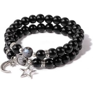 Eryi-2 Pièces Multicouches Pierre Naturelle Bracelet 8mm,Bracelets Avec Étoile La Lune Accessoires,Bracelet De Perles,Bracelet Superposition Élastique - Neuf