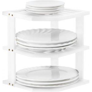 Eryi-Organisateur De Vaisselle En Bambou 25 X 25 X 25 Cm, Étagère D'angle À 3 Étages Pour Étagère De Cuisine, Égouttoir À Vaisselle, Support D'assiette, Blanc - Neuf