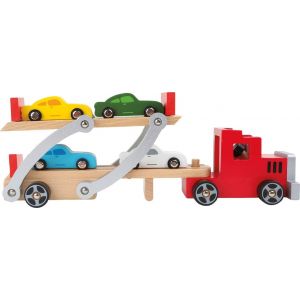 ERYI-Camion Transport De Voitures En Bois Avec Rampe, Jouet Pour Enfants Avec Remorque Amovible Et 4 Voitures De Couleur, À Partir De 3 Ans - Neuf
