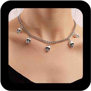 Kal-Collier Gothique Avec Tête De Mort En Argent Collier Punk Avec Tête De Mort En Métal Collier Ras Du Cou Halloween Tête De Squelette Pendentif Chaîne Bijoux Pour Femmes - Neuf