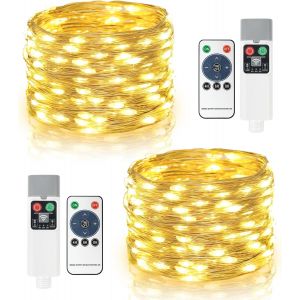 JGD-Guirlande Lumineuse &agrave; piles rechargeables, 2 pi&egrave;ce 10M 100 LED fil de cuivre Guirlande lumineuse d'int&eacute;rieur rechargeable par USB avec t&eacute;l&eacute;commande, Pour chambre mariage f&ecirc;te No&euml;l - Neuf