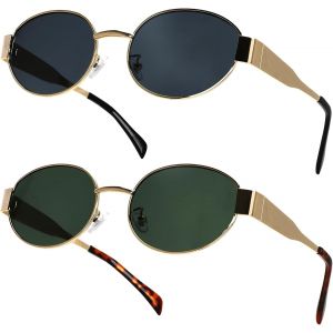 Lunettes De Soleil Femme Rétro 2 Pcs, Trendy Lunette De Soleil Ovale, Lunette De Soleil Homme Métal Classiques, Lunettes Et Accessoires Femme, Protection Uv400 Polarisées (Vert+Noir Gris) - Neuf