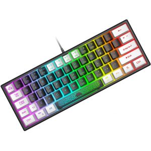 Mini 60% Clavier De Jeu, Câblé Usb Gaming Keyboard, Rétroéclairé Rgb Clavier Semi-Mécanique À Membrane Portable Compact 62 Touches Double Color Keycaps Qwerty Pour Pc, Mac, Laptop-Noir & Blanc - Neuf