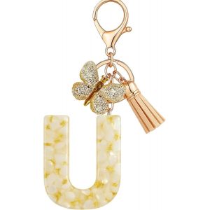 KAL-Porte-Cl&eacute;s Beige Avec Lettre Porte-Cl&eacute;s Fille Initiale Cadeau Femmes Porte-Cl&eacute;s Papillon D&eacute;corer Pour Sac Sac &Agrave; Dos Porte-Clef Gland Or Porte-Clef Femme A-Z - Neuf