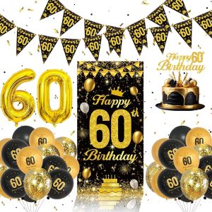 CAUC-Kit Décoration 60 Ans - Ballons Noir Et Or, Banderole Joyeux Anniversaire, Deco Gateau, Ballon Anniversaire - Pour Femme Et Homme - Neuf