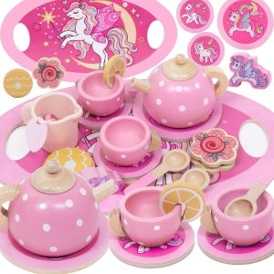 Licorne Services &Agrave; Th&eacute; En Bois Montessori,Accessoire Cuisine Enfant Avec Figurine Licorne Et Dessert,Dinette Enfant 2 3 4 5 6 Ans,Cadeau Anniversaire Fille 2 3 4 5 6 Ans,Jouet Fille 2 3 4 5 6 Ans - Neuf