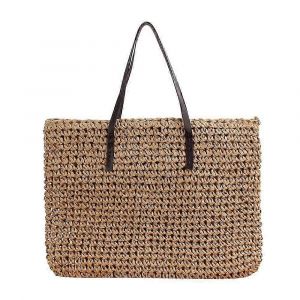 Sac cabas en paille tressée pour femme, grande capacité, anses en PU et fermeture éclair, style plage d'été chic - Neuf